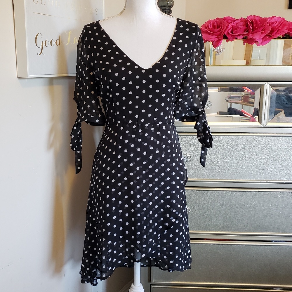 Vici Tie Cuff Black & White Polka Dot Dress